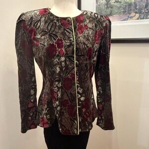 VTG R&K Evening Womens Sz 8 Black/Red Floral Roses 5 Button Blazer Jacket Velvet